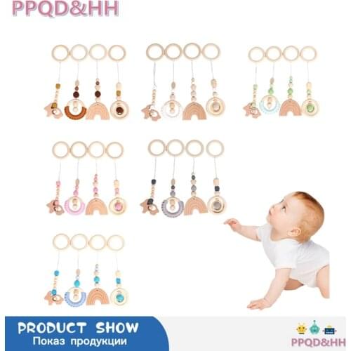 4 Pcs/Set Baby Play Gym Frame Stroller Hanging Pendants Wooden Ring Teether Molar Teething Nursing Rattle Toys Gifts Infant