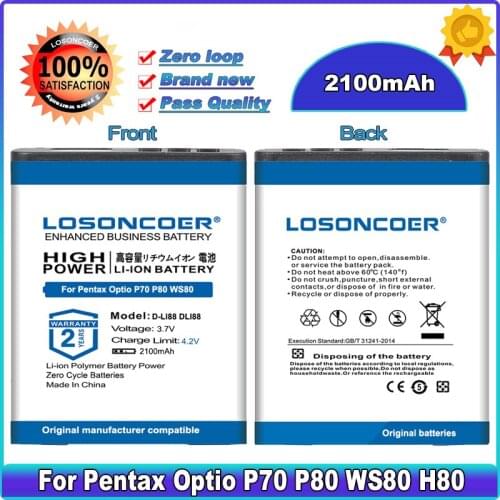 LOSONCOER 2100mAh Camera Battery D-LI88 DLI88 DBL80 For Pentax Optio P70 P80 WS80 H80 H90 W90 Black Box-18 40C Box18 DB-L80
