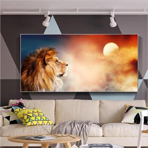 Frameless Lion Looking At The Moon HD Print Canvas Painting Wall Art Picture for Living Room Home Decor