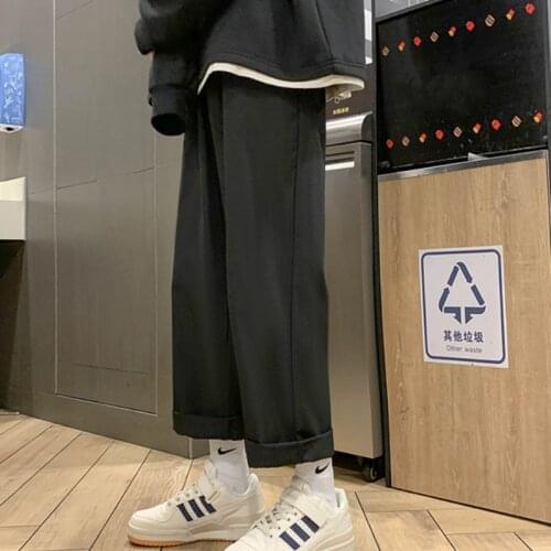 Mens Solid Color Oversized Casual Pants Korean Fashion Loose Harajuku Streetwear Straight Leg Pants Ankle-length Pants
