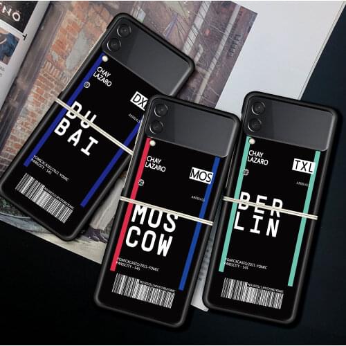 For Samsung Galaxy Z Flip 3 5G Case Luxury Matte Black Hard Phone Cover ZFlip 3 Shockproof Funda Shell Travel Airfare City Label