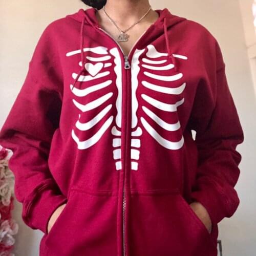 Dourbesty Y2K Aesthetic Skeleton Zip Up Hoodie 90s Vintage Graphic Printed Zipper Closure Top E-girl Sweatshirts Spring Autumn