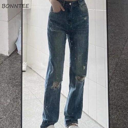 Jeans Women Ripped Full Length Students High Waist Street Wear Daily Popular Leisure Female Summer All-match Cool Lady Trousers