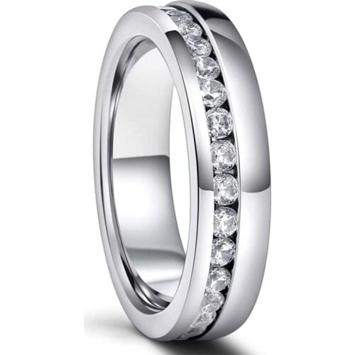 EAMTI 6mm Stainless Steel Wedding Rings Women Mens Channel Set Cubic Zirconia CZ Silver Engagement Eternity Ring Ring