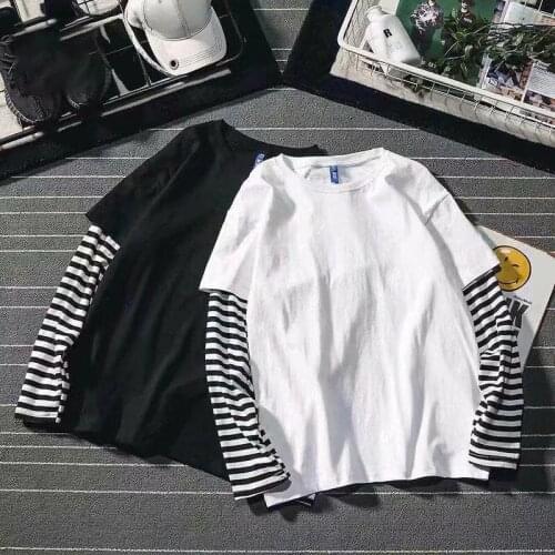 Korean Harajuku Black White Striped Hip Hop T-shirts Men Women Autumn Cotton Fake Two Piece Long Sleeve Loose Tshirt Female