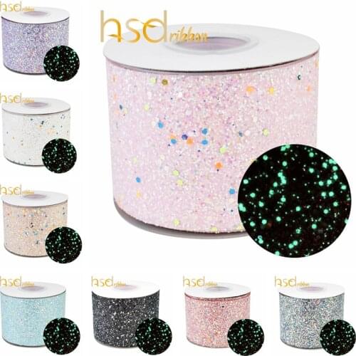 HSDRibbon 75mm 3 inch Colorful Noctilucent Glitter Chunky Glitter leather Ribbon