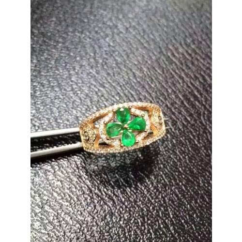 Natural green emerald Ring Natural gemstone ring 925 sterling silver trendy Elegant Hollow Clover women party gift Jewelry