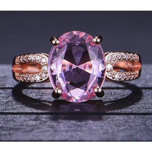 Fashion Chic Pink Crystal Zircon Diamonds Gemstones Rings for Women 14k Rose Gold Color Bague Jewelry Bijoux Wedding Party Gifts
