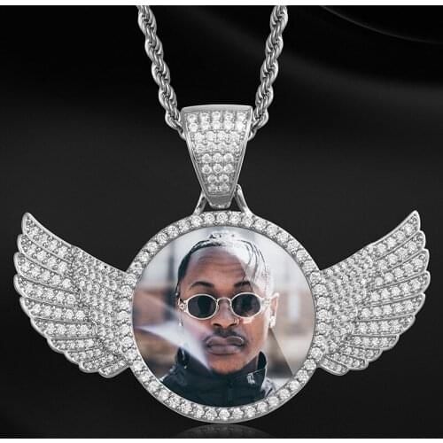 Angel Wings Medallions Custom Photo Pendant Necklace Mens Hip Hop Jewelry Iced Out Zircon Pendant Personality Engraved Name Gift
