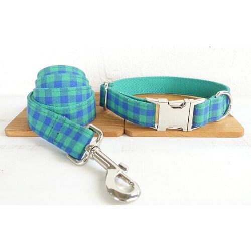 Personalized Blue Green Plaid Dog Collar Leash Set Nylon Pet Collar Leash Free Engraved Nameplate For Small Medium Large Dogs