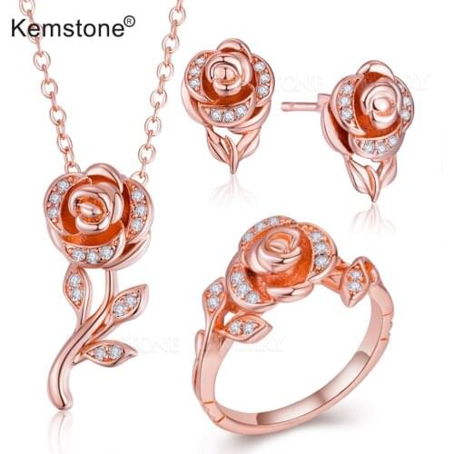 Kemstone Elegant Jewelry Set Rhinestone Rose Flower Ring Earring Necklace Jewelry Gift Valentines Gift for Women