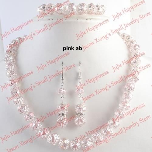 One set Handmade Pink AB Crystal Glass Beads Jewelry Set Necklace,Earring and Bracelet 239
