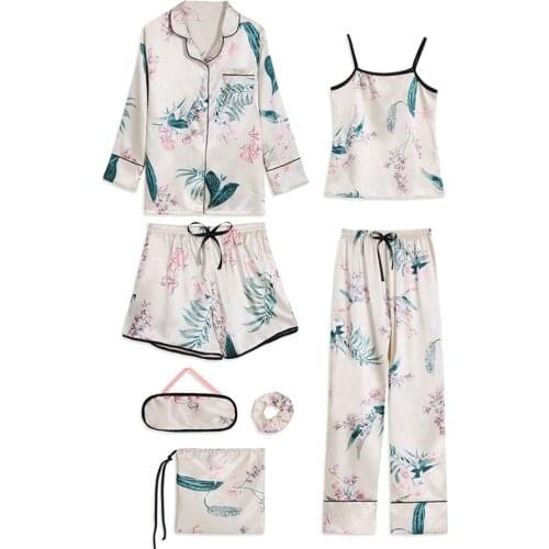 Spring, Summer, Autumn Woman Pajamas Set Sling Pajamas 7 Peices Sleepwear for Women Long Sleeves Breathable Sexy Robe Homewear