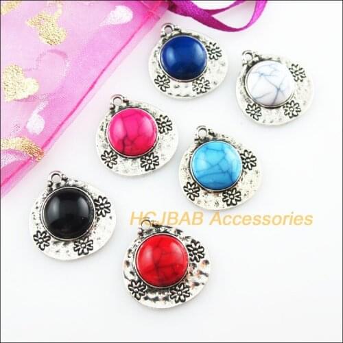 6 New Heart Mixed Charms Stone Tibetan Silver Color Pendant 20.5x22mm