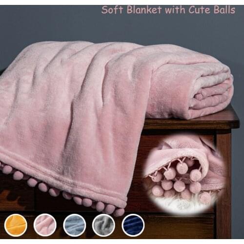 Pink Soft Blankets with Balls Sofa Bad Travel Throw Blanket Resting Blanket Warm Thread Flannel Blanket Nordic Towel Bed 130x150