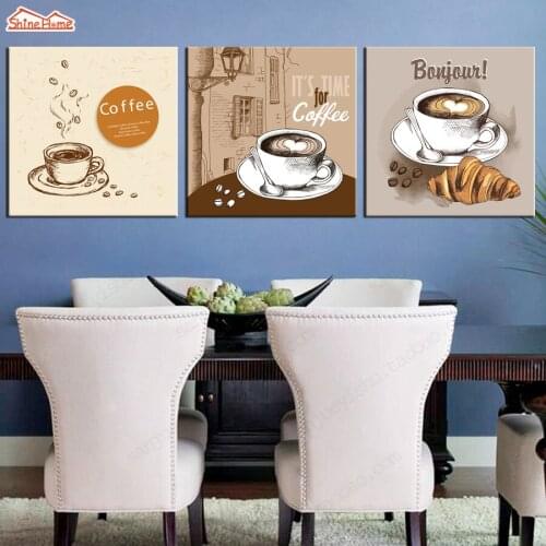 ShineHome-3pcs Wall Art Canvas Prints Oil Paintings Triptych Modular Coffee Bread Picture Cafe Hotel Restaurant Dining Room Deco