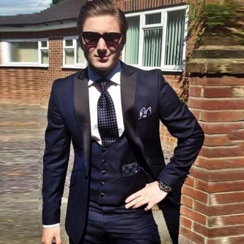 3 Piece Groom Tuxedo for Wedding Navy Blue Slim Fit Men Suits Formal Male Fashion Costume Jacket Vest with Pants 2021