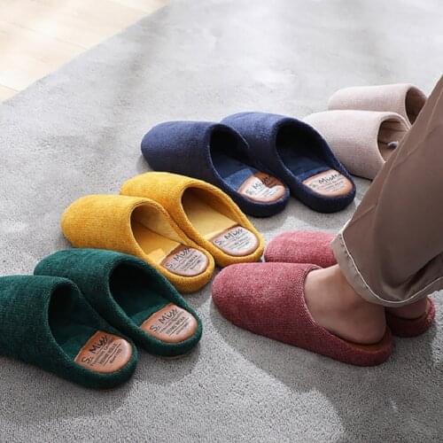 Ladies Couple Cotton Slippers Japanese Simple Pure Color Mute Home Slippers Winter Short Hair Baby Velvet Warm Indoor Slippers