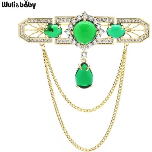 Wuli&baby Retro Palace Style Chain Flower Brooches For Women Designer Luxury Green Brooch Pin Gifts