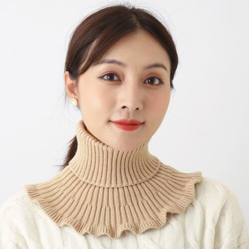 Women Turtleneck Ribbed Knitted False Fake Collar New Lady Winter Windproof Sunscreen Solid Color Ruffles Detachable Scarf Wrap