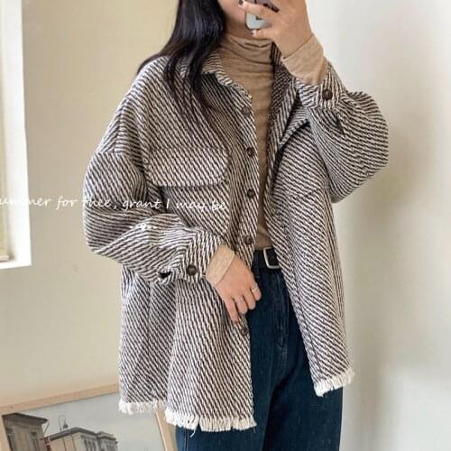 Women Autumn New Retro Houndstooth Shirts Vintage Tassel Loose Wild Long Sleeve Jacket Casual Street Lady Outwears