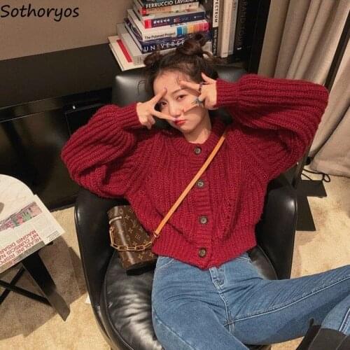 Cardigan Short-length Elegant Kawaii Korean Style Fashion Lantern Sleeve O-neck Single Breasted Streetwear Students Office Lady