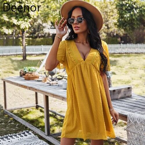 Deenor Vintage Summer Lady Chiffon Dress 2021 Fashion Women Short Sleeved Polka Dot Pleated Mini Dresses Deep V Neck Party Robe