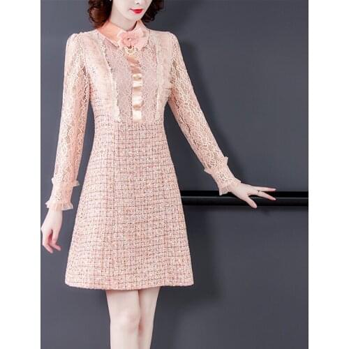 Fashion Ladies Runway Slim Waist Knee Length A-Line Dress Vintage Ruffle Lace Patchwork Tweed Dress Winter Women Clothing