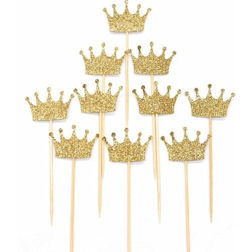 20pcs Bovelty Glitter Paper Wood Stick Crown Shape Cake Topper Pick Wedding Birthday Party Favor Decoration