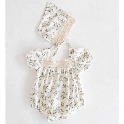 2020 Summer Baby Girls Clothes Open-back Cotton Baby Bodysuits Little Square Collar Toddler Girls Floral Jumpsuits Hat