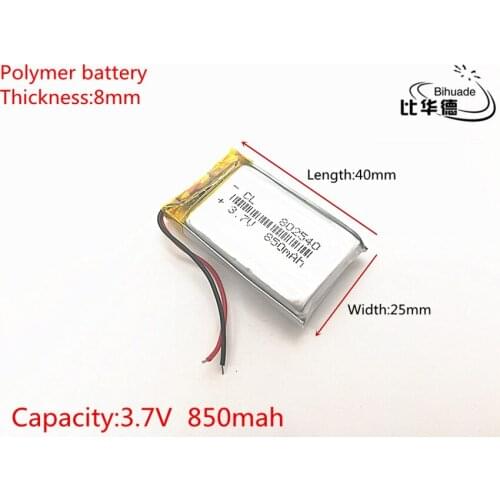 3.7V 850mAh 802540 Lithium Polymer Li-Po li ion Rechargeable Battery cells For Mp3 MP4 MP5 GPS PSP mobile bluetooth
