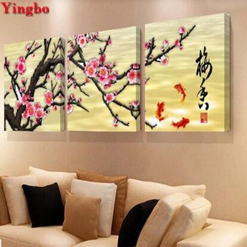3 pcs/set 5D Diamond Painting Plum blossom cross stitch mosaic Embroidery Rhinestone full square round diamond art wall sticker