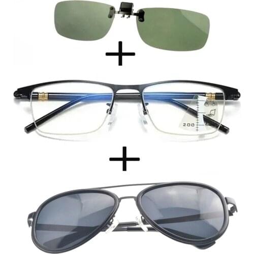3Pcs!!! Progressive Far and Near Business Reading Glasses Men Women + Polarized Sunglasses Pilot High Quality + Sunglasses Clip