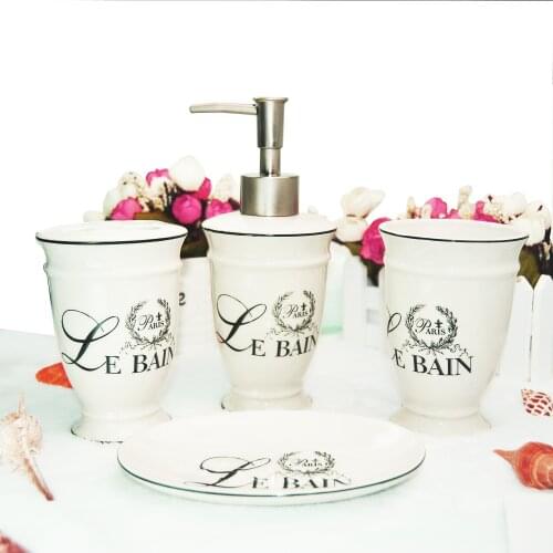 4Pcs/Set Ceramic Le Bain Paris Hotel Bathroom Lotion Gel Soap Dispenser Pump Bath Perfume Bottle Tumble Toothbrush Holder Dish