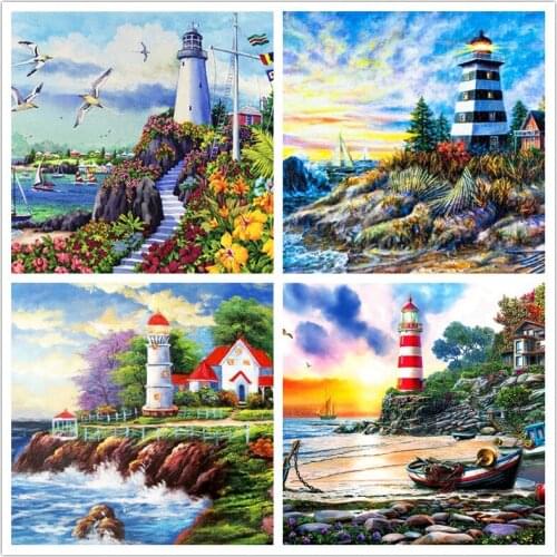 5D Diamond Painting Cross Stitch Landscape DIY Diamond Embroidery Lighthouse Mosaic Seaside Scenery Rhinestone Art Home Decor