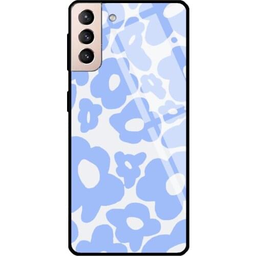 Hippy Flowers Swirl Blue Tempered Glass Cover For Samsung Galaxy S21 Ultra S20 FE S8 S9 S10 Plus Note 10 20 Case