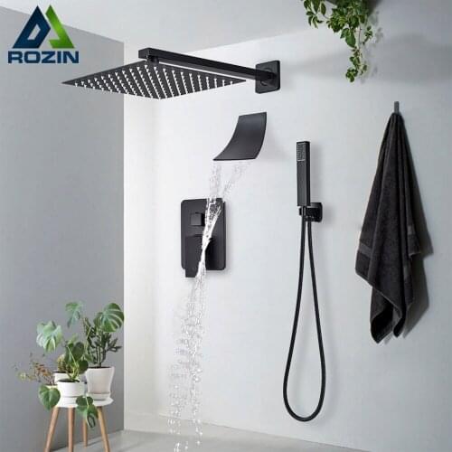 Black Shower Faucets Set Wall Mounted Rainfall Shower System Concealed Embedded Box Waterfall Bathroom Mixer Tap with Tub Spout