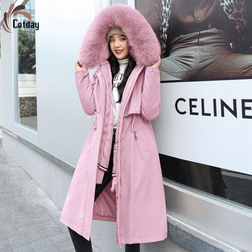 Cotday Cotton Long With Hooded Fur Cotton Liner Wide-waisted Pink 2020 Hot Sale Casual Liner Winter Warm Women Parka Coat