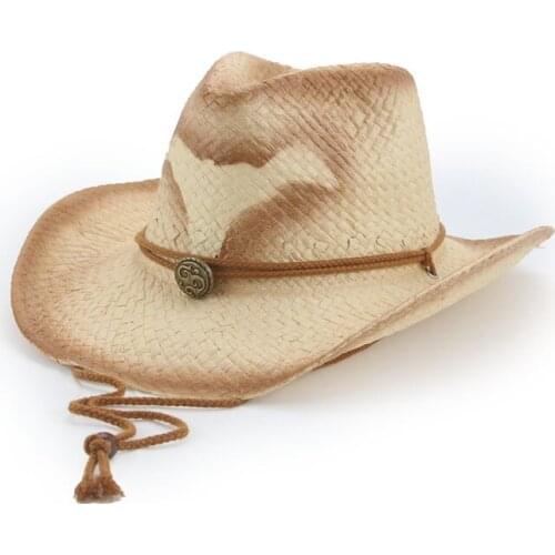 Summer hats men women panama big brim western cowboy belt straw sun hats solid khaki black casual outdoor natural raffia sun hat