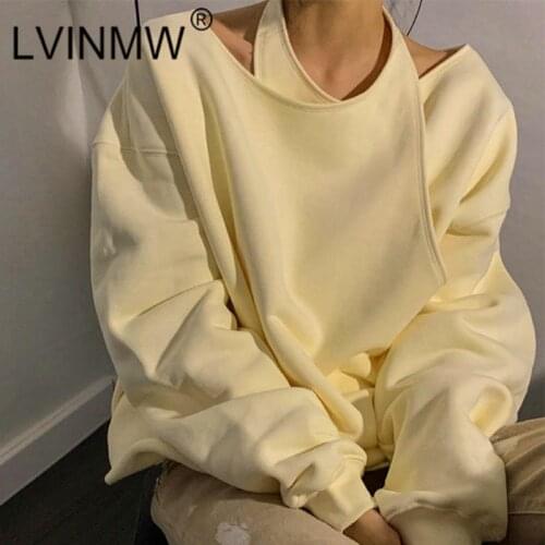 LVINMW Hoodies Irregular Halter Solid Casual Loose Pullovers Splice Fashion Simple Autumn Long Sleeve Top Patchwork Streetwear
