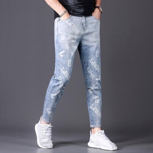 Men Fashion Letter Printed Jeans Summer Casual Stretch Slim Denim Pants Light Blue Trousers Male