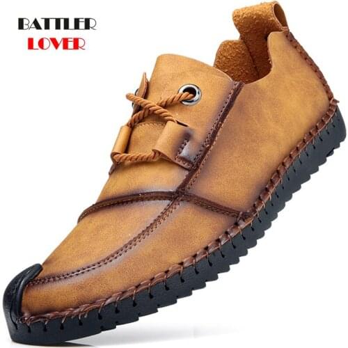 New Autumn Men Vintage Genuine Leather Shoes Big Size High Quality Lace-Up Breathable Loafers Flats for Male Driving Shoes