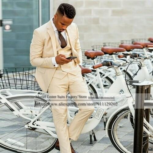 Lastest Coat Designs Beige Slim Fit Blazer With Pants Mens Suits Formal Wedding Evening Party Gown 3 Piece Dinner Groom 2021