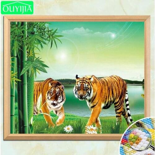 OUYIJIA Tiger Couple And Bamboos 5D DIY Diamond Painting Full Square Diamond Embroidery Pictures Of Rhinestones Mosaic Painting