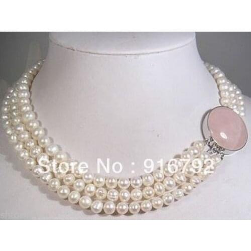 Free shipping >>>>>3 rows 7-8mm white pearl necklace natural powder stone buckle
