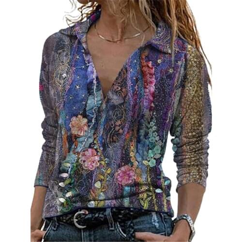 Hot New Floral Print Long Sleeve Flower Shirt Women Spring Autumn Lapel Lady Office Blouse Fashion Street Plus-Size Female Mujer