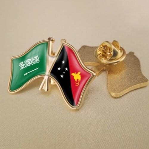 Saudi Arabia and Papua New Guinea Crossed Double Friendship Flags Lapel Pins Brooch Badges