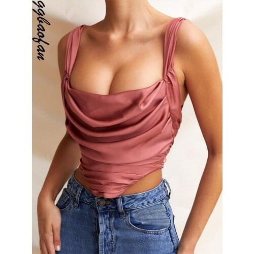 Ggbaofan Sexy Rose Satin Cowl Neck Draped Corset Top Club Party Backless Ruched Bustier Tops Sleeveless Tops Zipper Summer