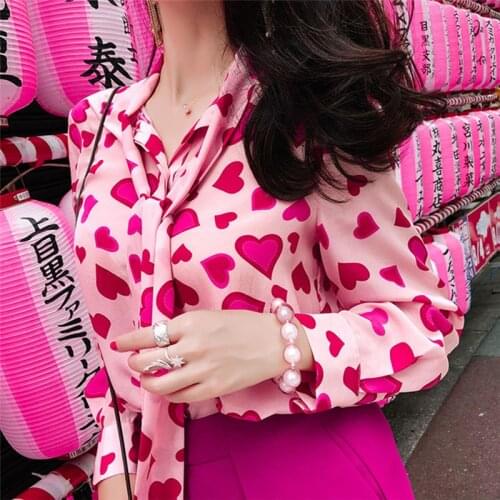 Paris Girl Vintage Heart Print Long Sleeve Chiffon Blouse Sweet Women Shirt Tie Autumn New Fashion Tops Chemise Camisa
