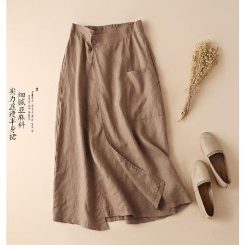 Summer Knee Length Pencil Skirts Women Flax Large size work skirt Casual Solid Faldas Robe Slim Office Lady Work clothing BSQ138